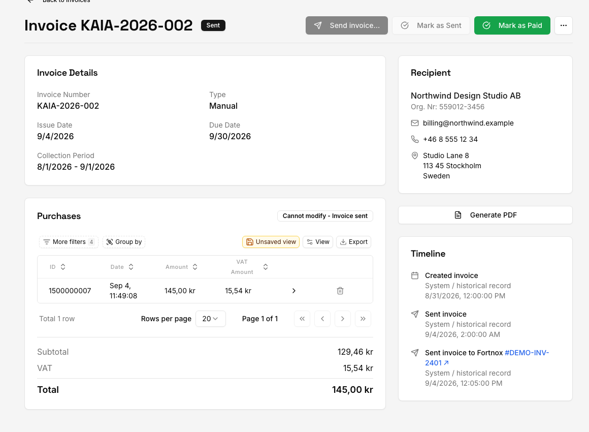 A sent Karma invoice with recipient details, purchase totals, PDF action, and Fortnox-aware timeline