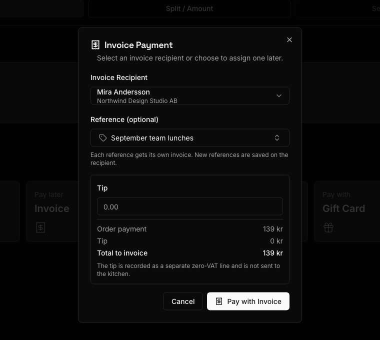 The Invoice Payment dialog in Karma POS with a recipient and saved reference selected