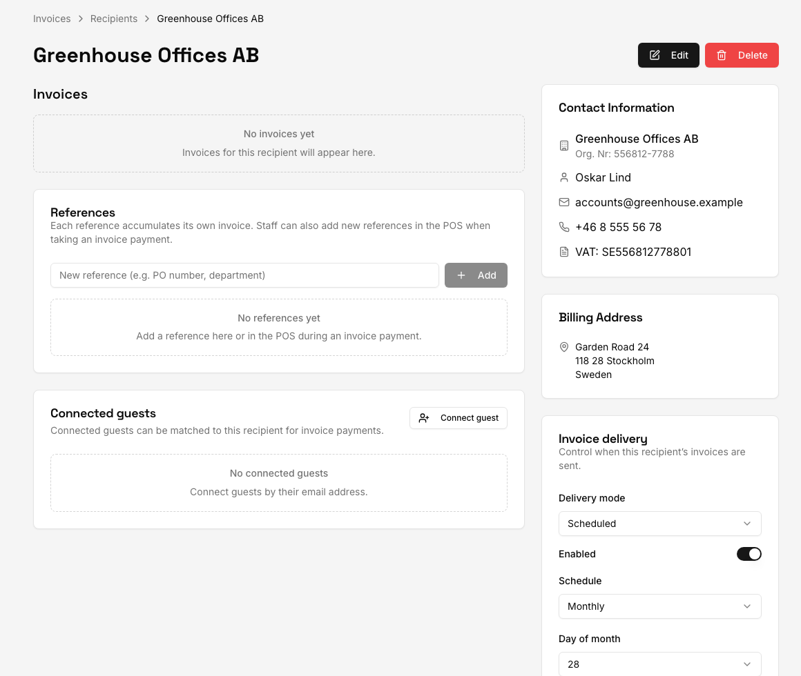 A Karma invoice recipient with reference, guest matching, and scheduled invoice delivery controls