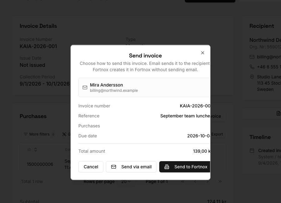 The Send invoice dialog with email and Fortnox delivery choices