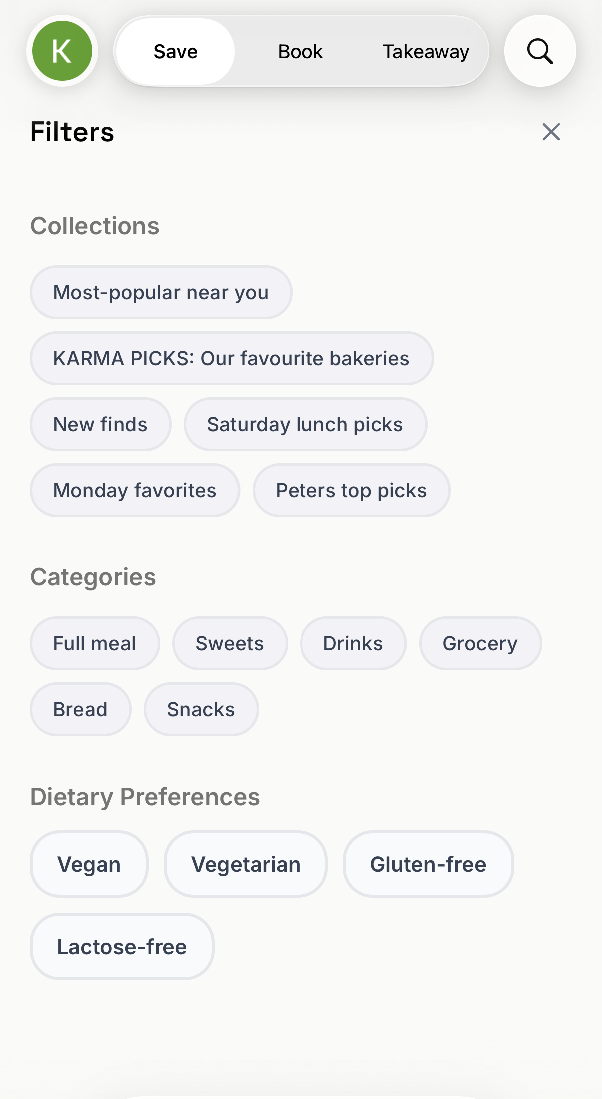 Collections, categories, and dietary preferences in Discover